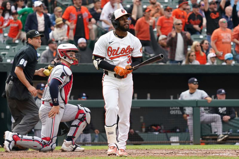 Apr 17, 2024; Baltimore, Maryland, USA; Baltimore Orioles outfielder Cedric Mullins (31) reacts following his game winning two run home run in the ninth inning against the Minnesota Twins at Oriole Park at Camden Yards. Mandatory Credit: Mitch Stringer-USA TODAY Sports