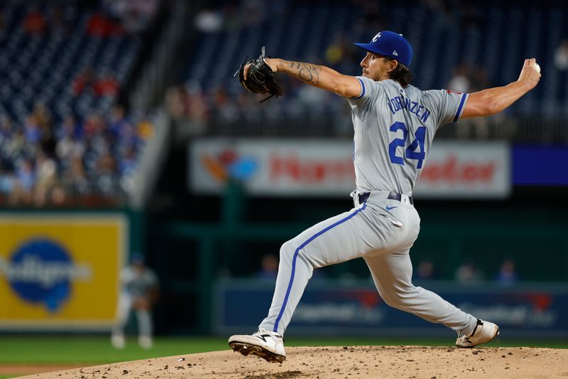 Sep 25, 2024; Washington, District of Columbia, USA; Kansas City Royals starting pitcher Michael Lorenzen (24) pitches against the Washington Nationals during the first inning at Nationals Park. Mandatory Credit: Geoff Burke-Imagn Images