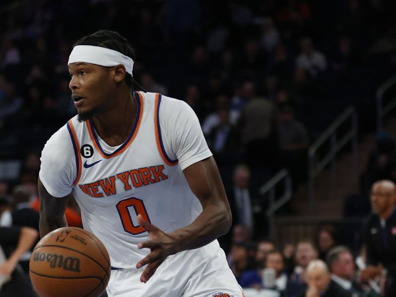 NEW YORK, NEW YORK - OCTOBER 04: Cam Reddish #0 of the New York Knicks dribbles during the first half against the Detroit Pistons at Madison Square Garden on October 04, 2022 in New York City. NOTE TO USER: User expressly acknowledges and agrees that, by downloading and or using this photograph, User is consenting to the terms and conditions of the Getty Images License Agreement. (Photo by Sarah Stier/Getty Images)