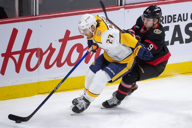 Jan 29, 2024; Ottawa, Ontario, CAN; Nashville Predators defenseman Ryan McDonagh (27) skates with the puck in front of Ottawa Senators center Josh Norris (9) in the third period at the Canadian Tire Centre. Mandatory Credit: Marc DesRosiers-USA TODAY Sports