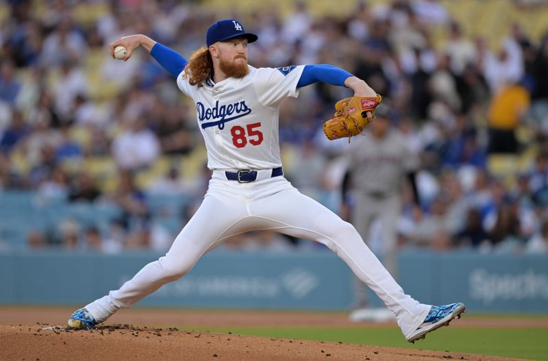 May 21, 2025; Los Angeles, California, USA; Los Angeles Dodgers pitcher Dustin May (85) throws during the first inning against the Arizona Diamondbacks at Dodger Stadium. Mandatory Credit: Jayne Kamin-Oncea-Imagn Images