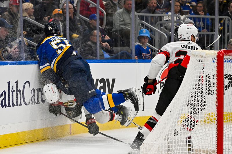 Dec 14, 2023; St. Louis, Missouri, USA;  St. Louis Blues defenseman Colton Parayko (55) checks Ottawa Senators center Josh Norris (9) during the first period at Enterprise Center. Mandatory Credit: Jeff Curry-USA TODAY Sports