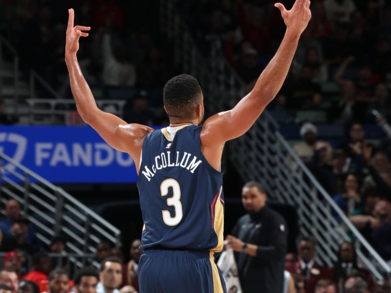 NEW ORLEANS, LA - JANUARY 3:  CJ McCollum #3 of the New Orleans Pelicans celebrates during the game against the Washington Wizards on January 3, 2025 at the Smoothie King Center in New Orleans, Louisiana. NOTE TO USER: User expressly acknowledges and agrees that, by downloading and or using this Photograph, user is consenting to the terms and conditions of the Getty Images License Agreement. Mandatory Copyright Notice: Copyright 2025 NBAE (Photo by Layne Murdoch Jr./NBAE via Getty Images)