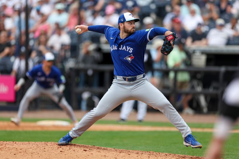 Mar 16, 2024; Tampa, Florida, USA;  Toronto Blue Jays relief pitcher Zach Pop (56) throws a pitch against the New York Yankees in the fifth inning at George M. Steinbrenner Field. Mandatory Credit: Nathan Ray Seebeck-USA TODAY Sports