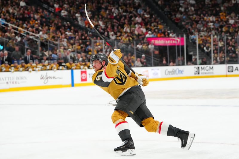 Mar 12, 2026; Las Vegas, Nevada, USA; Vegas Golden Knights center Jack Eichel (9) shoots against the Pittsburgh Penguins during the first period at T-Mobile Arena. Mandatory Credit: Stephen R. Sylvanie-Imagn Images