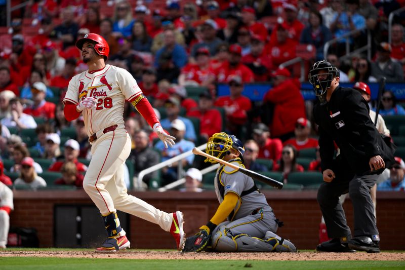 Apr 26, 2025; St. Louis, Missouri, USA;  St. Louis Cardinals third baseman Nolan Arenado (28) hits a solo walk-off home run against the Milwaukee Brewers during the ninth inning at Busch Stadium. Mandatory Credit: Jeff Curry-Imagn Images