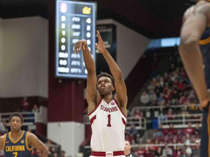 Jan 24, 2026; Stanford, California, USA;  Stanford Cardinal guard Ebuka Okorie (1) shoots a free throw during the first half against the California Golden Bears at Maples Pavilion. Mandatory Credit: Stan Szeto-Imagn Images