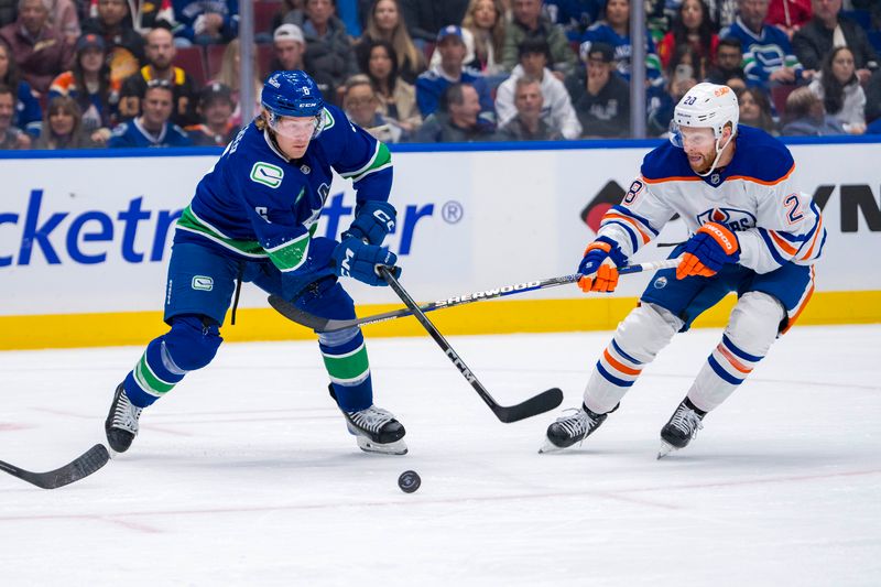 Oct 4, 2024; Vancouver, British Columbia, CAN;  Edmonton Oilers forward Connor Brown (28) stick checks Vancouver Canucks forward Brock Boeser (6) during the first period at Rogers Arena. Mandatory Credit: Bob Frid-Imagn Images