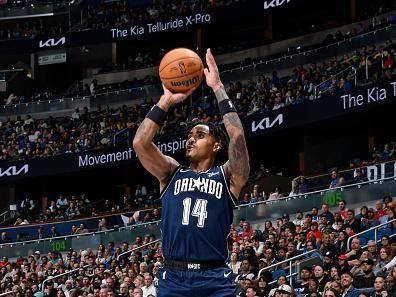 ORLANDO, FL - NOVEMBER 21: Gary Harris #14 of the Orlando Magic shoots a three point basket during the game against the Toronto Raptors during the In-Season Tournament on November 21, 2023 at Amway Center in Orlando, Florida. NOTE TO USER: User expressly acknowledges and agrees that, by downloading and or using this photograph, User is consenting to the terms and conditions of the Getty Images License Agreement. Mandatory Copyright Notice: Copyright 2023 NBAE (Photo by Fernando Medina/NBAE via Getty Images)