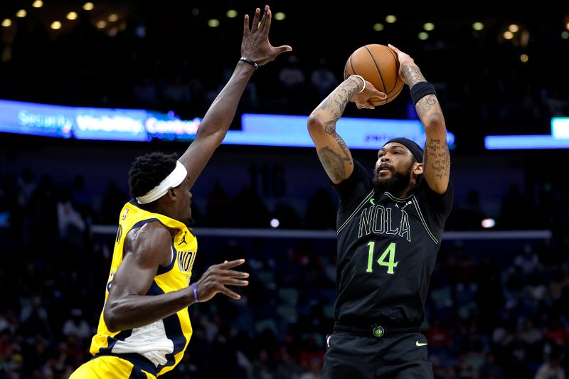 NEW ORLEANS, LOUISIANA - MARCH 01: Brandon Ingram #14 of the New Orleans Pelicans shoots over Pascal Siakam #43 of the Indiana Pacers during the first quarter of an NBA game at Smoothie King Center on March 01, 2024 in New Orleans, Louisiana. NOTE TO USER: User expressly acknowledges and agrees that, by downloading and or using this photograph, User is consenting to the terms and conditions of the Getty Images License Agreement. (Photo by Sean Gardner/NBAE via Getty Images)