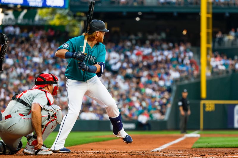 Aug 3, 2024; Seattle, Washington, USA; Seattle Mariners first baseman Justin Turner (2) stands in the batters box against the Philadelphia Phillies during the fourth inning at T-Mobile Park. Mandatory Credit: Joe Nicholson-USA TODAY Sports