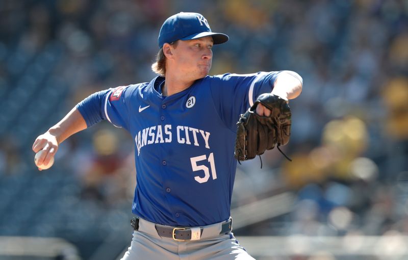 Sep 15, 2024; Pittsburgh, Pennsylvania, USA;  Kansas City Royals starting pitcher Brady Singer (51) delivers a pitch against the Pittsburgh Pirates during the first inning at PNC Park. Mandatory Credit: Charles LeClaire-Imagn Images