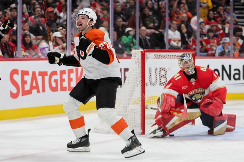 Feb 6, 2024; Sunrise, Florida, USA; Philadelphia Flyers left wing Noah Cates (27) celebrates after scoring against Florida Panthers goaltender Anthony Stolarz (41) during the third period at Amerant Bank Arena. Mandatory Credit: Sam Navarro-USA TODAY Sports