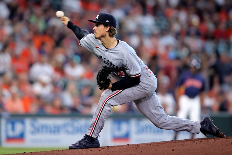 Jun 1, 2024; Houston, Texas, USA; Minnesota Twins starting pitcher Joe Ryan (41) delivers against the Houston Astros during the first inning at Minute Maid Park. Mandatory Credit: Erik Williams-USA TODAY Sports