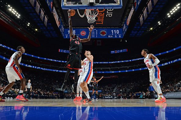 DETROIT, MI - DECEMBER 30: Pascal Siakam #43 of the Toronto Raptors shoots the ball during the game against the Detroit Pistons on December 30, 2023 at Little Caesars Arena in Detroit, Michigan. NOTE TO USER: User expressly acknowledges and agrees that, by downloading and/or using this photograph, User is consenting to the terms and conditions of the Getty Images License Agreement. Mandatory Copyright Notice: Copyright 2023 NBAE (Photo by Chris Schwegler/NBAE via Getty Images)