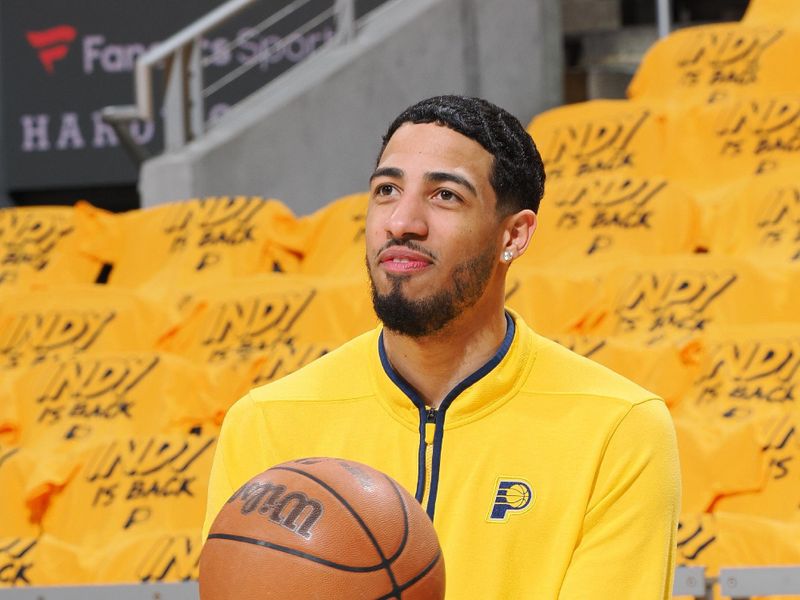 INDIANAPOLIS, IN - APRIL 26:  Tyrese Haliburton #0 of the Indiana Pacers warms up before the game against the Milwaukee Bucks during Round 1 Game 3 of the 2024 NBA Playoffs on April 26, 2024 at Gainbridge Fieldhouse in Indianapolis, Indiana. NOTE TO USER: User expressly acknowledges and agrees that, by downloading and or using this Photograph, user is consenting to the terms and conditions of the Getty Images License Agreement. Mandatory Copyright Notice: Copyright 2024 NBAE (Photo by Ron Hoskins/NBAE via Getty Images)