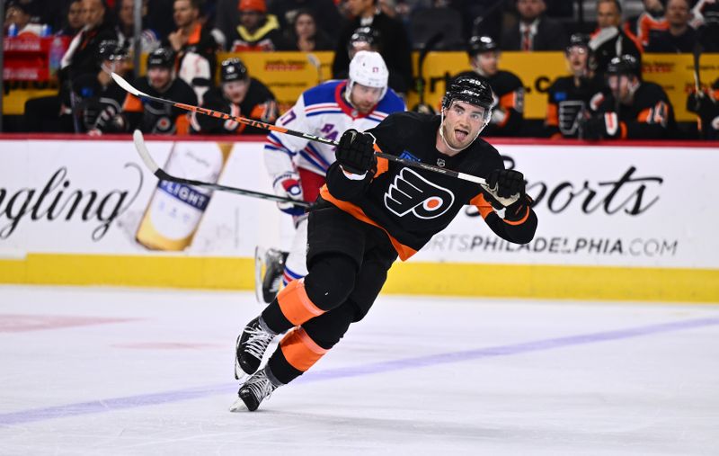 Nov 24, 2023; Philadelphia, Pennsylvania, USA; Philadelphia Flyers defenseman Sean Walker (26) in action against the New York Rangers in the third period at Wells Fargo Center. Mandatory Credit: Kyle Ross-USA TODAY Sports