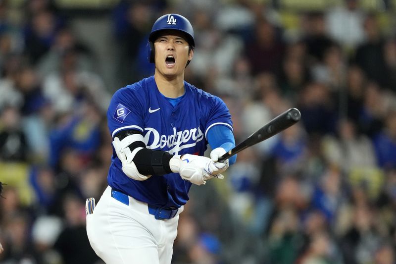 Mar 25, 2024; Los Angeles, California, USA; Los Angeles Dodgers designated hitter Shohei Ohtani (17) bats in the fourth inning against the Los Angeles Angels at Dodger Stadium. Mandatory Credit: Kirby Lee-USA TODAY Sports