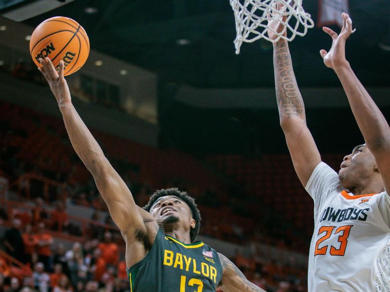 Jan 6, 2024; Stillwater, Oklahoma, USA; Baylor Bears guard Langston Love (13) puts up a shot around Oklahoma State Cowboys center Brandon Garrison (23) during overtime at Gallagher-Iba Arena. Mandatory Credit: William Purnell-USA TODAY Sports