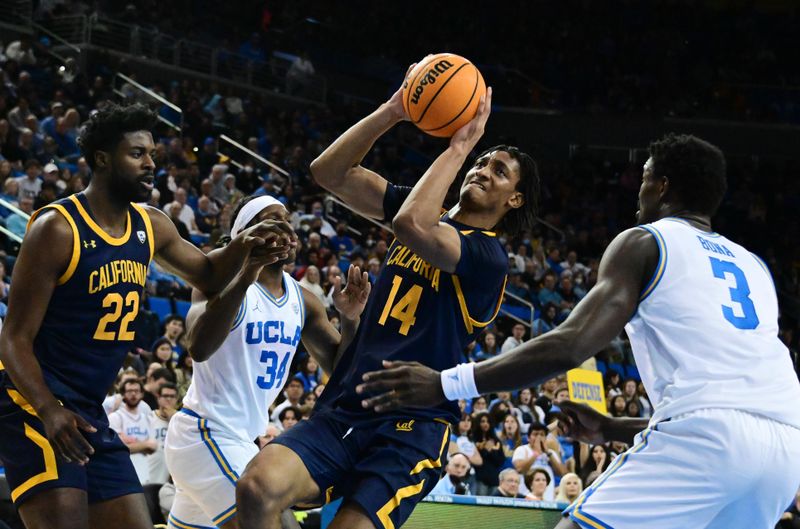 Feb 18, 2023; Los Angeles, California, USA;  California Golden Bears forward Grant Newell (14) shoots against UCLA Bruins forward Adem Bona (3) and guard David Singleton (34) in a college basketball game at Pauley Pavilion presented by Wescom. Mandatory Credit: Richard Mackson-USA TODAY Sports