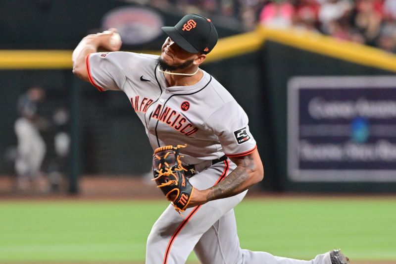 Sep 23, 2024; Phoenix, Arizona, USA;  San Francisco Giants pitcher Camilo Doval (75) throws in the eighth inning against the Arizona Diamondbacks at Chase Field. Mandatory Credit: Matt Kartozian-Imagn Images