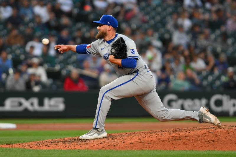 May 14, 2024; Seattle, Washington, USA; Kansas City Royals relief pitcher John Schreiber (46) pitches to the Seattle Mariners during the seventh inning at T-Mobile Park. Mandatory Credit: Steven Bisig-USA TODAY Sports