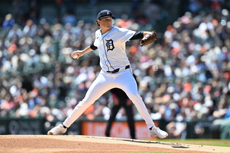 May 11, 2025; Detroit, Michigan, USA; Detroit Tigers starting pitcher Reese Olson (45) throws a pitch against the Texas Rangers in the first inning at Comerica Park. Mandatory Credit: Lon Horwedel-Imagn Images