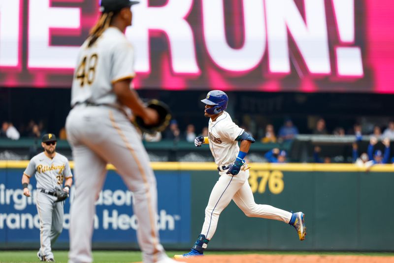 May 28, 2023; Seattle, Washington, USA; Seattle Mariners center fielder Julio Rodriguez (44) runs the bases after hitting a solo-home run against the Pittsburgh Pirates during the first inning at T-Mobile Park. Mandatory Credit: Joe Nicholson-USA TODAY Sports