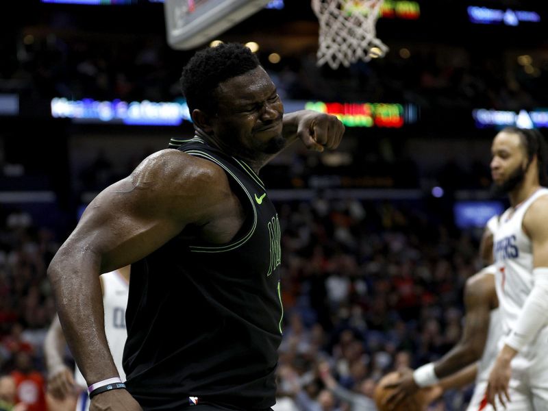 NEW ORLEANS, LOUISIANA - MARCH 15: Zion Williamson #1 of the New Orleans Pelicans reacts after scoring during the third quarter of an NBA game against the LA Clippers at Smoothie King Center on March 15, 2024 in New Orleans, Louisiana. NOTE TO USER: User expressly acknowledges and agrees that, by downloading and or using this photograph, User is consenting to the terms and conditions of the Getty Images License Agreement. (Photo by Sean Gardner/Getty Images)