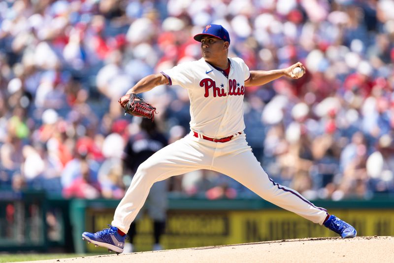 Aug 13, 2023; Philadelphia, Pennsylvania, USA; Philadelphia Phillies starting pitcher Ranger Suarez (55) throws a pitch during the first inning against the Minnesota Twins at Citizens Bank Park. Mandatory Credit: Bill Streicher-USA TODAY Sports