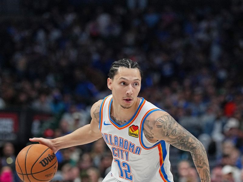 DALLAS, TX - FEBRUARY 10: Lindy Waters III #12 of the Oklahoma City Thunder looks on during the game against the Dallas Mavericks on February 10, 2024 at the American Airlines Center in Dallas, Texas. NOTE TO USER: User expressly acknowledges and agrees that, by downloading and or using this photograph, User is consenting to the terms and conditions of the Getty Images License Agreement. Mandatory Copyright Notice: Copyright 2024 NBAE (Photo by Glenn James/NBAE via Getty Images)