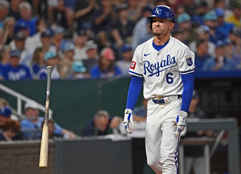 Jun 11, 2024; Kansas City, Missouri, USA; Kansas City Royals right fielder Drew Waters (6) reacts after striking out with the bases loaded for the final out in the sixth inning against the New York Yankees at Kauffman Stadium. Mandatory Credit: Peter Aiken-USA TODAY Sports