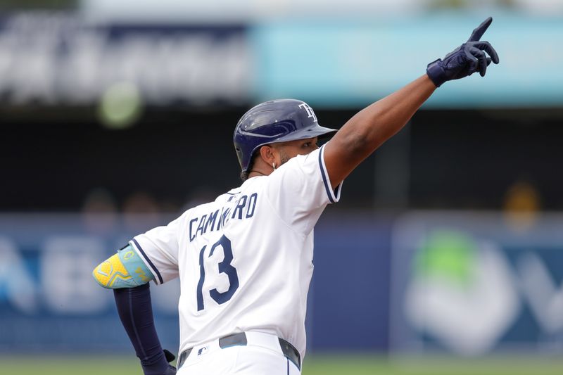 Aug 24, 2025; Tampa, Florida, USA; Tampa Bay Rays third baseman Junior Caminero (13) runs the bases after hitting a grand slam against the St. Louis Cardinals in the fifth inning at George M. Steinbrenner Field. Mandatory Credit: Nathan Ray Seebeck-Imagn Images