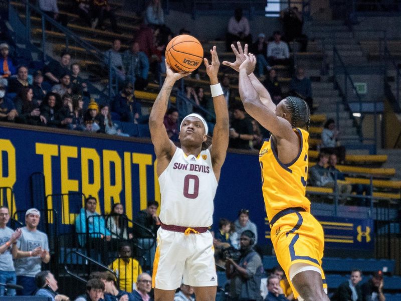 Feb 11, 2023; Berkeley, California, USA; Arizona State Sun Devils guard DJ Horne (0) shoots a three point basket against California Golden Bears guard DeJuan Clayton (33) during the first half at Haas Pavilion. Mandatory Credit: Neville E. Guard-USA TODAY Sports