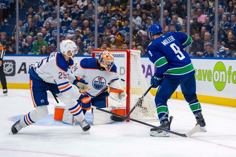 May 8, 2024; Vancouver, British Columbia, CAN; Edmonton Oilers defenseman Darnell Nurse (25) and goalie Stuart Skinner (74) watch as Vancouver Canucks forward J.T. Miller (9) redirects a shot past Skinner during the third period in game one of the second round of the 2024 Stanley Cup Playoffs at Rogers Arena. Mandatory Credit: Bob Frid-USA TODAY Sports