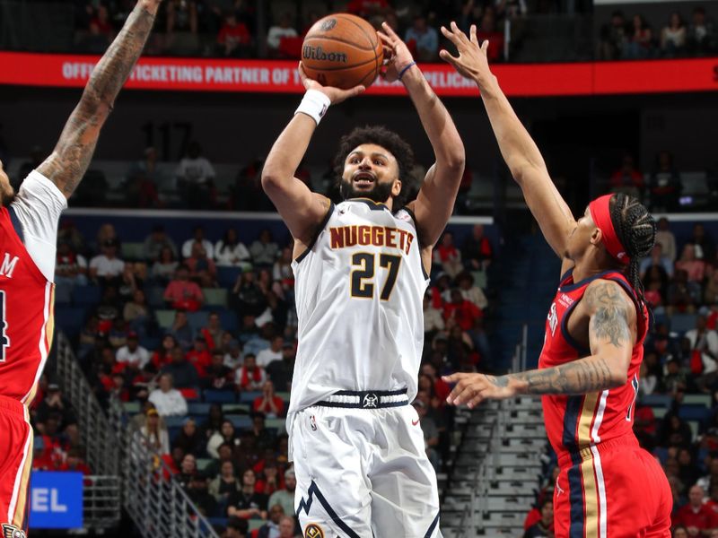 NEW ORLEANS, LA - NOVEMBER 15: Jamal Murray #27 of the Denver Nuggets shoots the ball during the game against the New Orleans Pelicans during the Emirates NBA Cup game on November 15, 2024 at the Smoothie King Center in New Orleans, Louisiana. NOTE TO USER: User expressly acknowledges and agrees that, by downloading and or using this Photograph, user is consenting to the terms and conditions of the Getty Images License Agreement. Mandatory Copyright Notice: Copyright 2024 NBAE (Photo by Layne Murdoch Jr./NBAE via Getty Images)