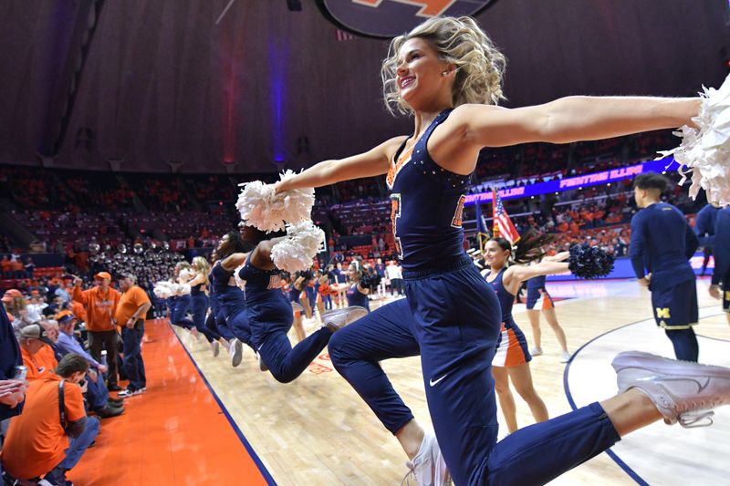 Feb 13, 2024; Champaign, Illinois, USA; Illinois Fighting Illini cheerleaders perform during the first half against the Michigan Woverines at State Farm Center. Mandatory Credit: Ron Johnson-USA TODAY Sports