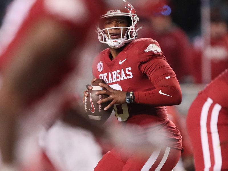 Nov 24, 2023; Fayetteville, Arkansas, USA; Arkansas Razorbacks quarterback Jacolby Criswell (6) looks to pass during the fourth quarter against the Missouri Tigers at Donald W. Reynolds Razorback Stadium. Missouri won 48-14. Mandatory Credit: Nelson Chenault-USA TODAY Sports