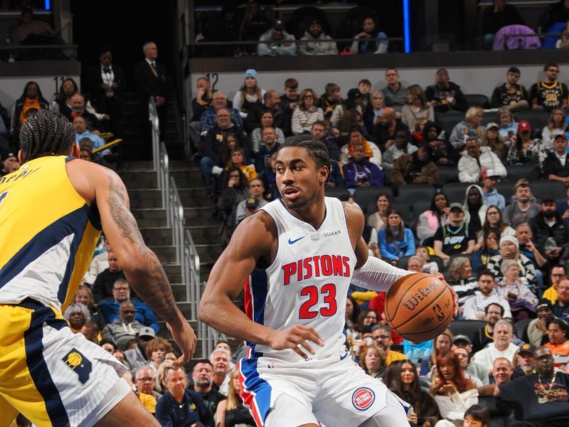 INDIANAPOLIS, IN - NOVEMBER 29: Aaron Nesmith #23 of the Indiana Pacers handles the ball during the game against the Detroit Pistons during the Emirates NBA Cup game on November 29, 2024 at Gainbridge Fieldhouse in Indianapolis, Indiana. NOTE TO USER: User expressly acknowledges and agrees that, by downloading and or using this Photograph, user is consenting to the terms and conditions of the Getty Images License Agreement. Mandatory Copyright Notice: Copyright 2024 NBAE (Photo by Ron Hoskins/NBAE via Getty Images)