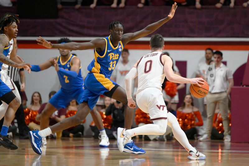 Feb 18, 2023; Blacksburg, Virginia, USA; Virginia Tech Hokies guard Sean Pedulla (3) dribbles around Pittsburgh Panthers center Federiko Federiko (33) in the first half at Cassell Coliseum. Mandatory Credit: Lee Luther Jr.-USA TODAY Sports