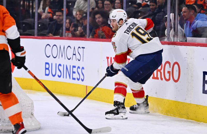 Mar 21, 2023; Philadelphia, Pennsylvania, USA; Florida Panthers left wing Matthew Tkachuk (19) controls the puck against the Philadelphia Flyers in the second period at Wells Fargo Center. Mandatory Credit: Kyle Ross-USA TODAY Sports