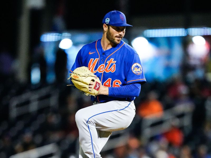 Mar 7, 2023; West Palm Beach, Florida, USA; New York Mets relief pitcher John Curtiss (46) throws a pitch against the Houston Astros during the seventh inning at The Ballpark of the Palm Beaches. Mandatory Credit: Rich Storry-USA TODAY Sports