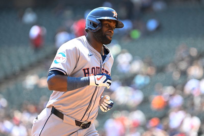 Jun 20, 2024; Chicago, Illinois, USA;  Houston Astros outfielder Yordan Alvarez (44) runs the bases after he hits a home run against the Chicago White Sox during the first inning at Guaranteed Rate Field. Mandatory Credit: Matt Marton-USA TODAY Sports