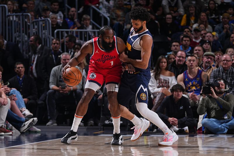 DENVER, CO - DECEMBER 13:  James Harden #1 of the LA Clippers handles the ball during the game against the Denver Nuggets on December 13, 2024 at Ball Arena in Denver, Colorado. NOTE TO USER: User expressly acknowledges and agrees that, by downloading and/or using this Photograph, user is consenting to the terms and conditions of the Getty Images License Agreement. Mandatory Copyright Notice: Copyright 2024 NBAE (Photo by Bart Young/NBAE via Getty Images)