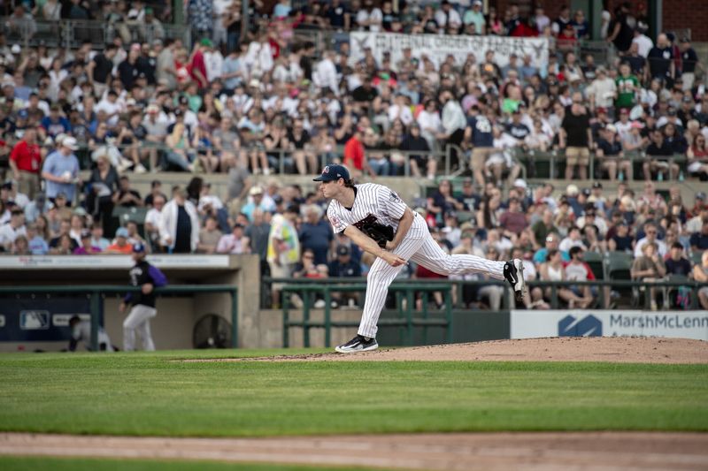 Jun 4, 2024; Bridgewater, NJ, USA; New York Yankees pitcher Gerrit Cole pitches during a MLB rehab assignment with the Somerset Patriots against the Hartford Yard Goats at TD Bank Ballpark. Mandatory Credit: John Jones-USA TODAY Sports