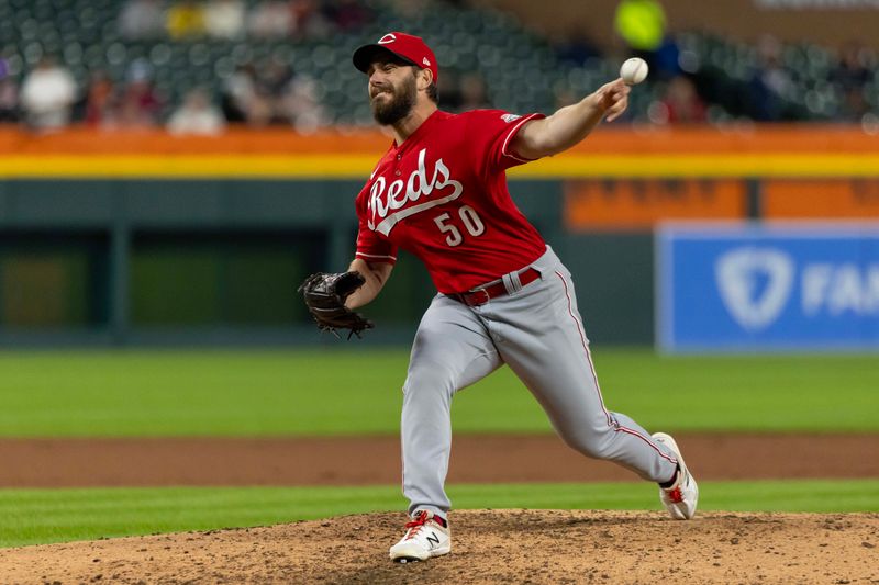 Sep 13, 2023; Detroit, Michigan, USA; Cincinnati Reds relief pitcher Sam Moll (50) throws in the fifth inning against the Detroit Tigers at Comerica Park. Mandatory Credit: David Reginek-USA TODAY Sports