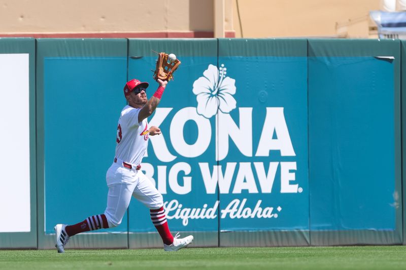 Mar 11, 2024; Jupiter, Florida, USA; St. Louis Cardinals center fielder Michael Siani (63) makes a catch against the Washington Nationals during the first inning at Roger Dean Chevrolet Stadium. Mandatory Credit: Sam Navarro-USA TODAY Sports