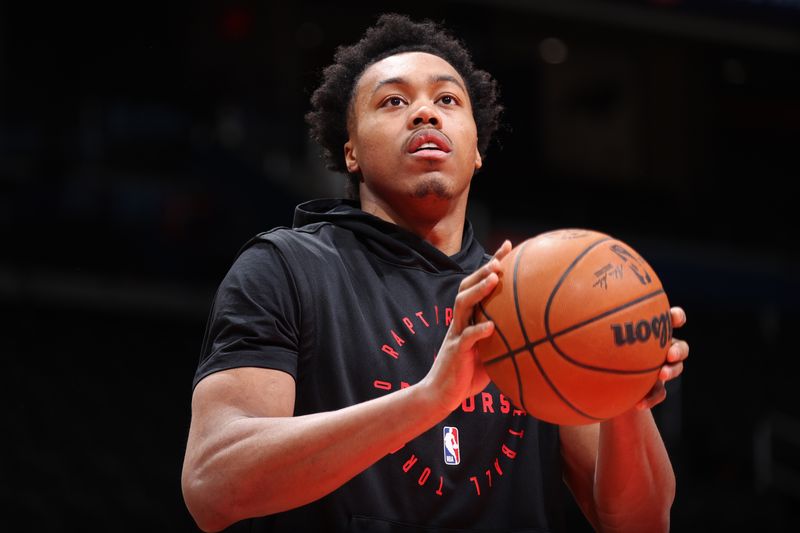 WASHINGTON, DC -?JANUARY 29: Scottie Barnes #4 of the Toronto Raptors warms up before the game against the Washington Wizards on January 29, 2025 at Capital One Arena in Washington, DC. NOTE TO USER: User expressly acknowledges and agrees that, by downloading and or using this Photograph, user is consenting to the terms and conditions of the Getty Images License Agreement. Mandatory Copyright Notice: Copyright 2025 NBAE (Photo by Stephen Gosling/NBAE via Getty Images)<p><br/></p>