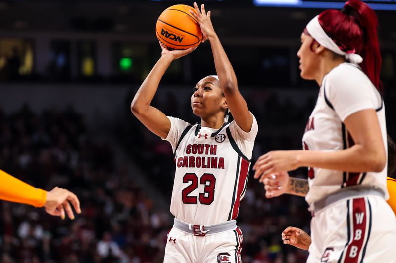 Mar 3, 2024; Columbia, South Carolina, USA; South Carolina Gamecocks guard Bree Hall (23) shoots against the Tennessee Lady Vols in the first half at Colonial Life Arena. Mandatory Credit: Jeff Blake-USA TODAY Sports