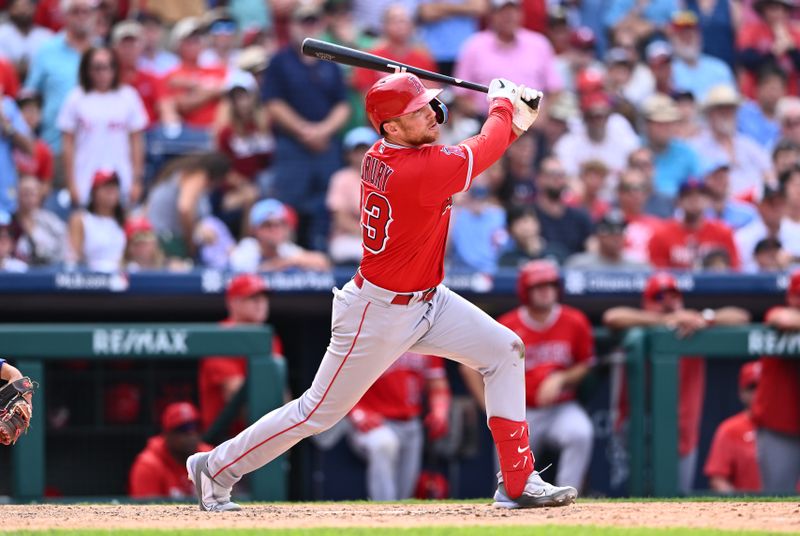 Aug 30, 2023; Philadelphia, Pennsylvania, USA; Los Angeles Angels second baseman Brandon Drury (23) hits a two-run home run against the Philadelphia Phillies in the ninth inning at Citizens Bank Park. Mandatory Credit: Kyle Ross-USA TODAY Sports